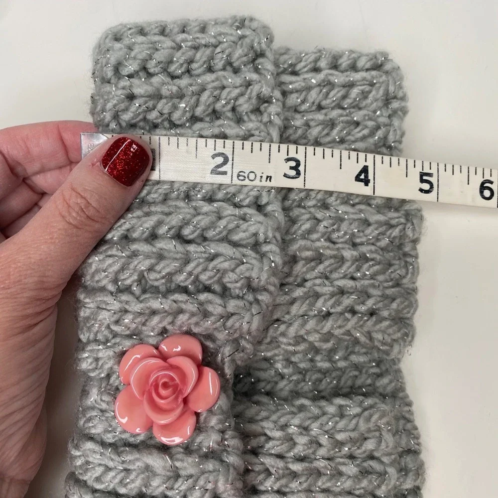 Handmade Knit Neck‎ Warmer Cowl Collar Gray Sparkle Pink Rose Accent Cottagecore